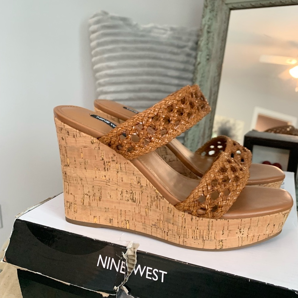 Nine West Tan Wedges Kalani Shoes with Elegant Design New